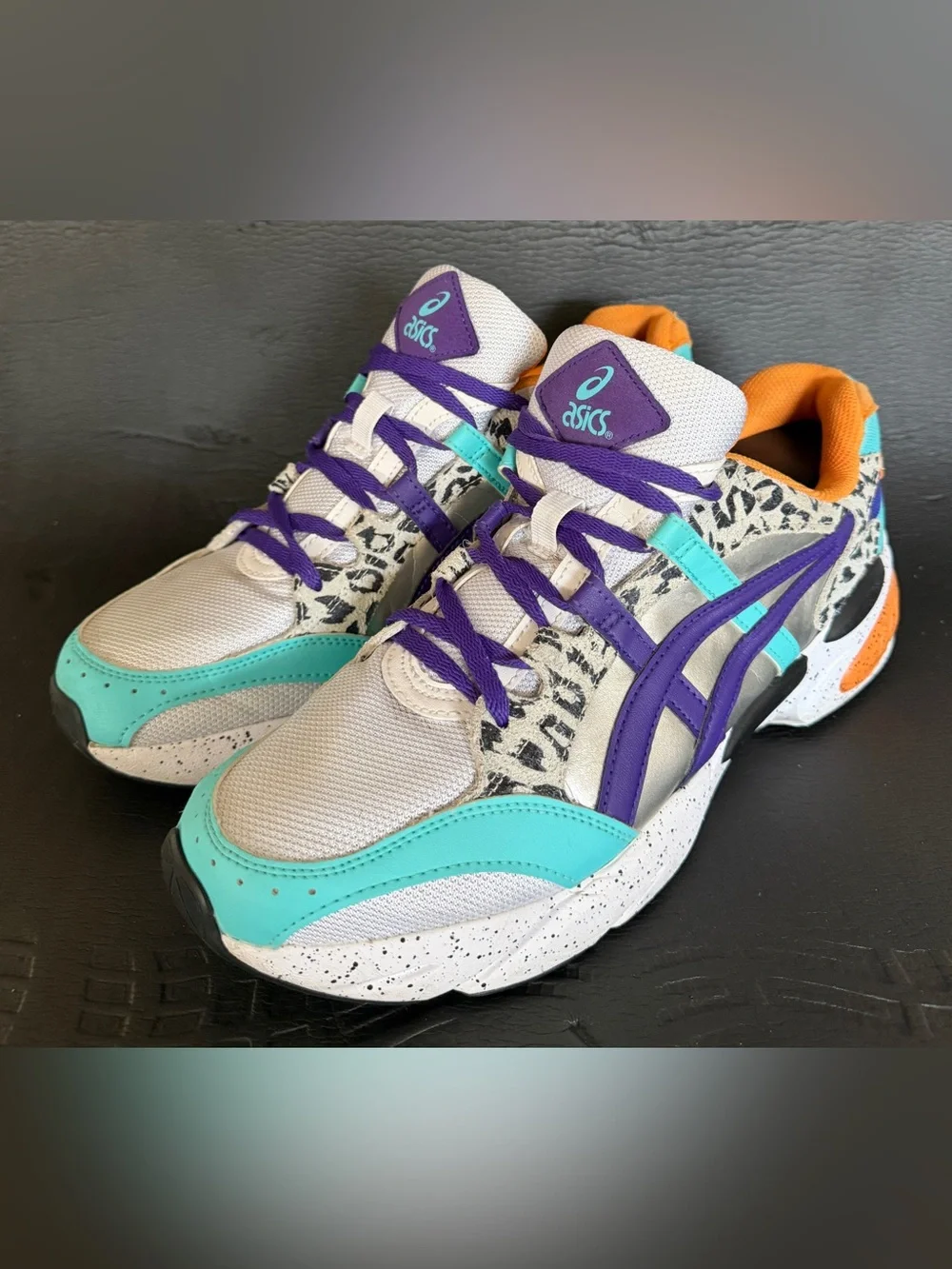 Asics Men’s White Sneakers with Turquoise, Purple & Orange Accents